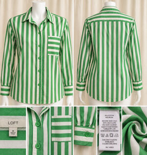 LOFT Size M Green White Striped Button Up Shirt Academia Preppy Eclectic Twee l
